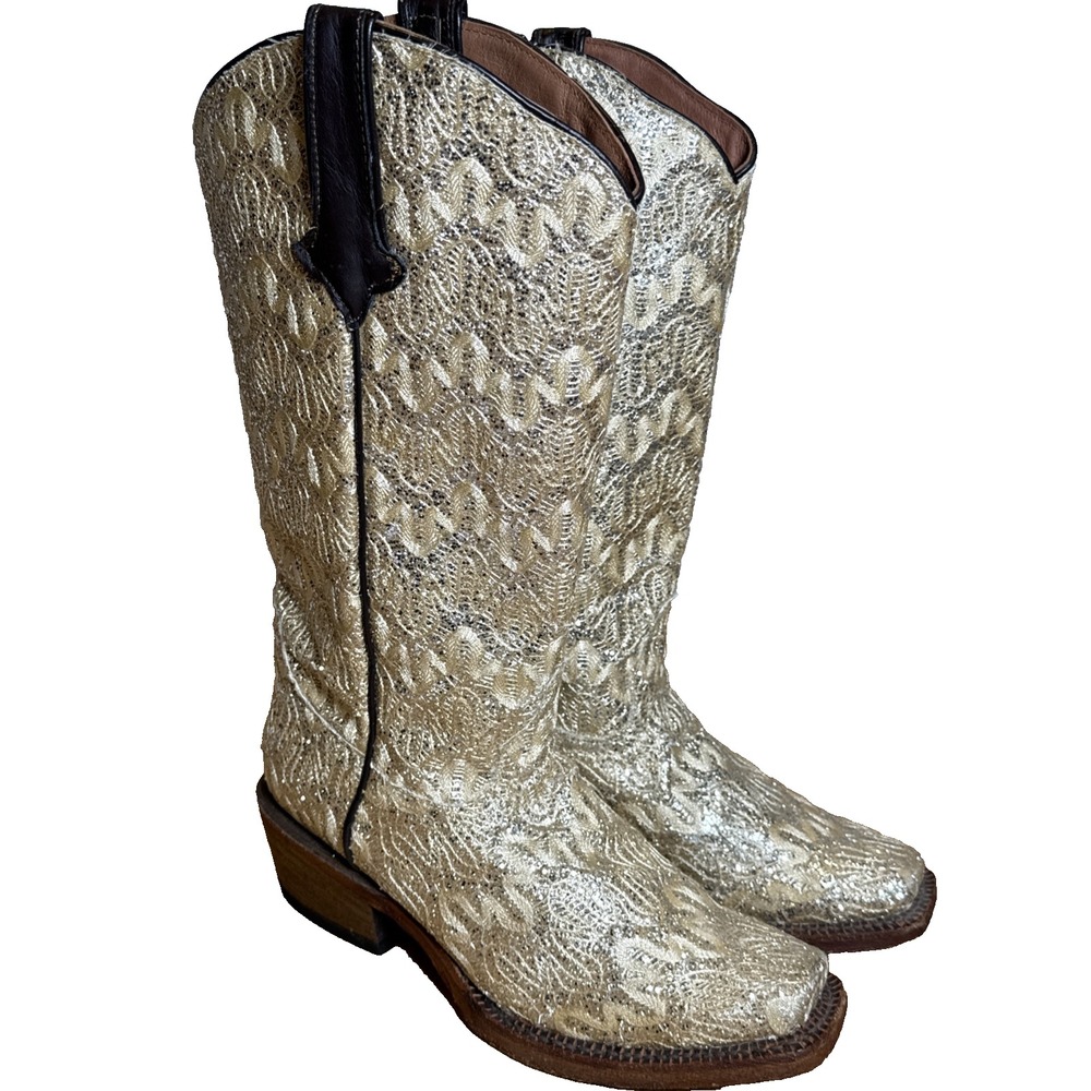 Women's Sz 7 Tanner Mark Gold&silver Cowgirl Boots Square Tow